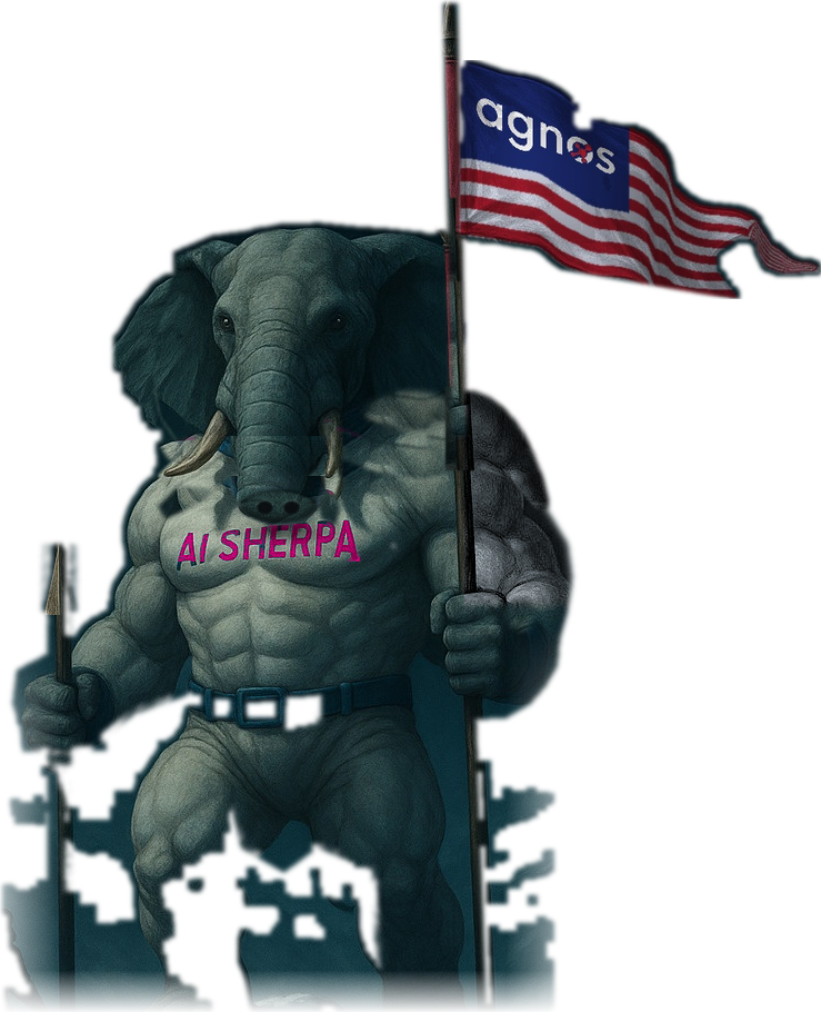 The AI Sherpa: the Agnos elephant as an armored warrior holding a spear and the Agnos standard